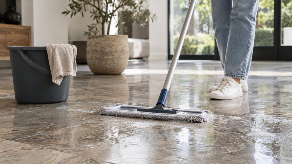 Natuurstenen vloer schoonmaken met dweil en emmer water
