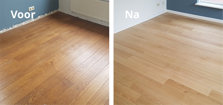 Vloerrenovatie van parketvloer voor en na schuren en afwerking met lichtere kleur en egale uitstraling